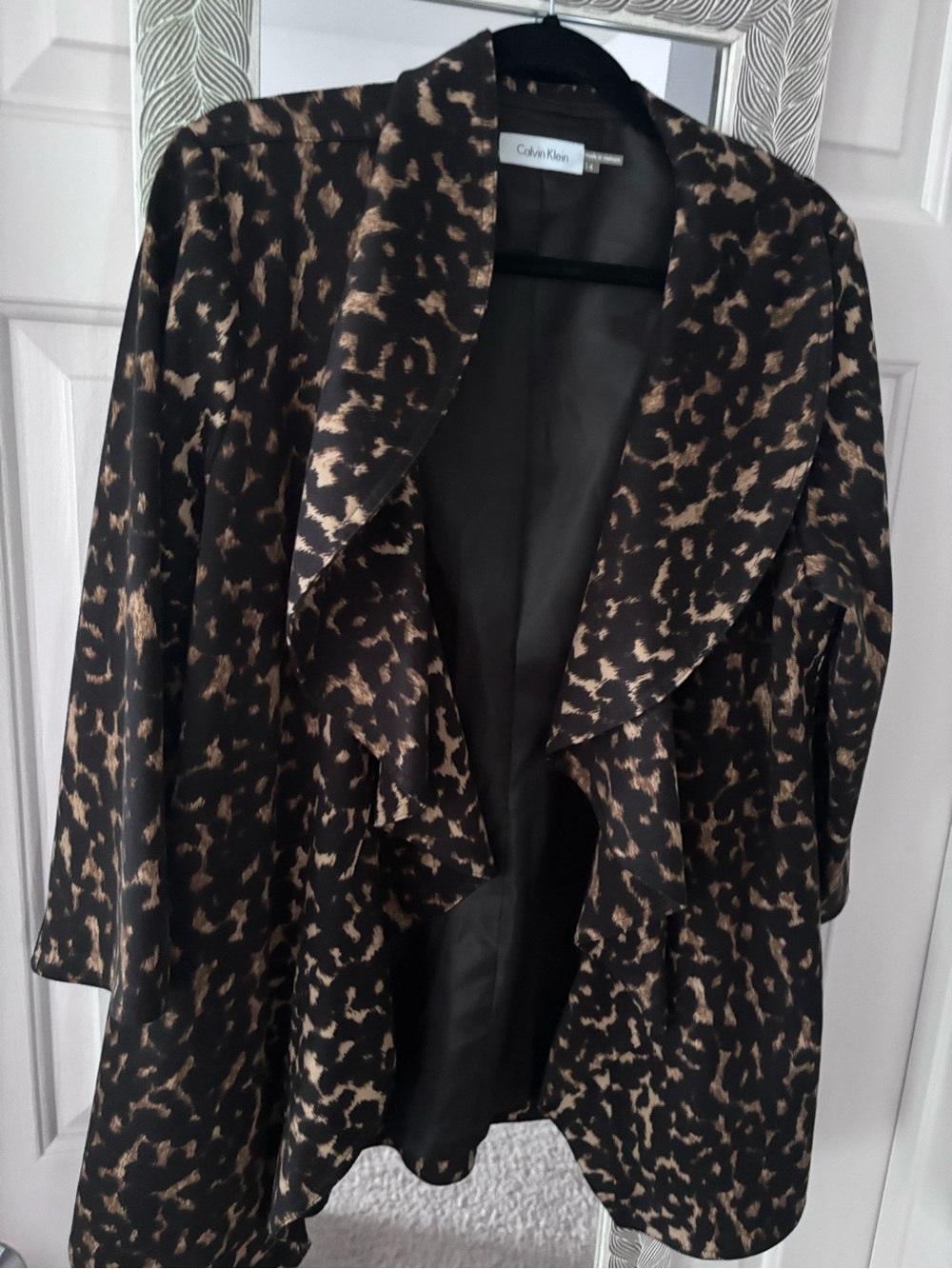 Calvin Klein Black and Brown Leopard-Print Draped Blazer